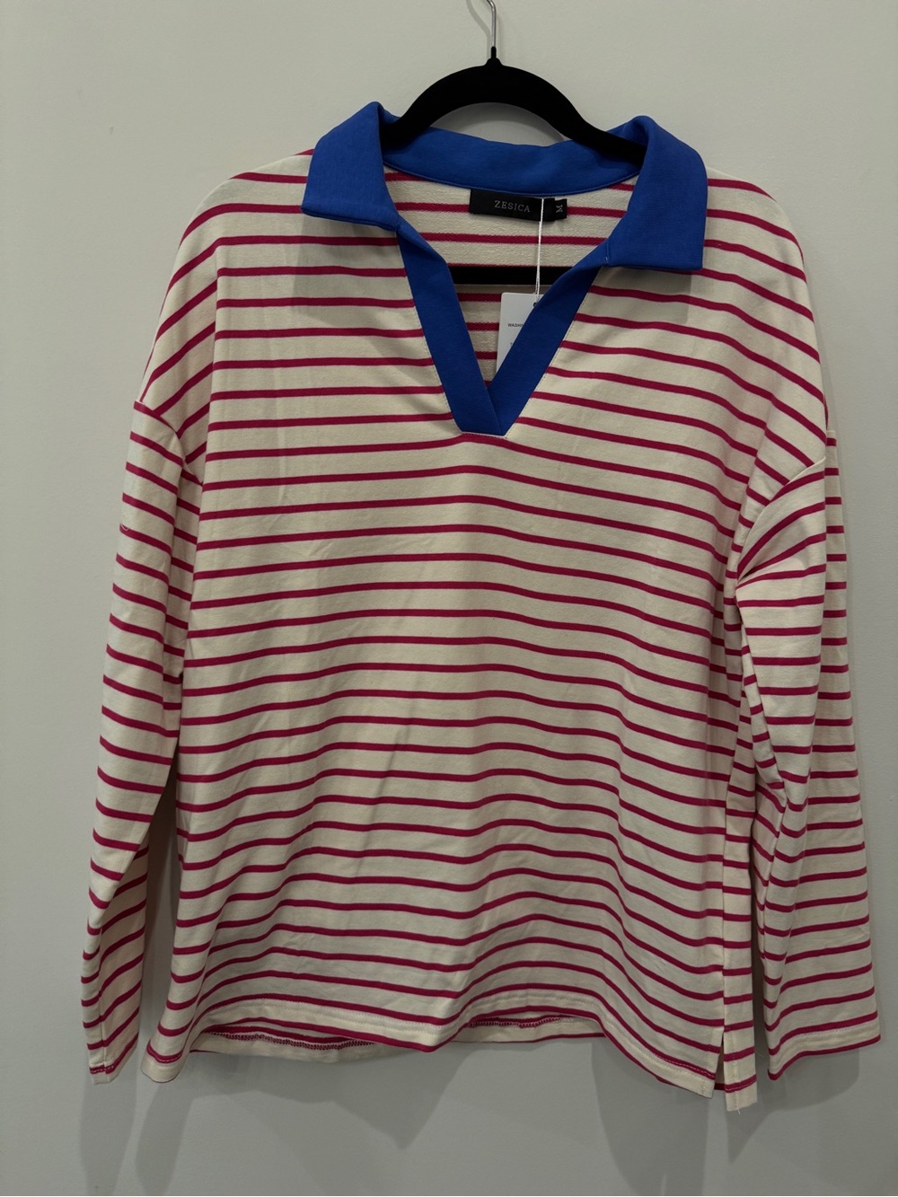 Zesica Pink Stripe Polo-Style Long Sleeve Top with Blue Collar